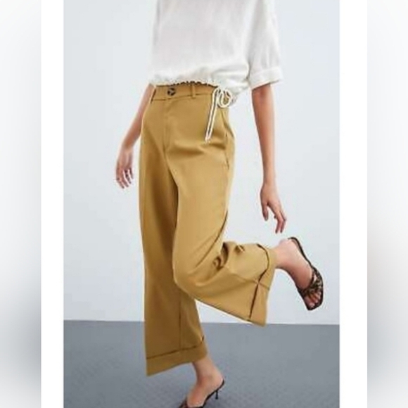 New Zara High Waisted Wide Leg Cuffed Brown Trousers Pants M Stretch New - Picture 1 of 11